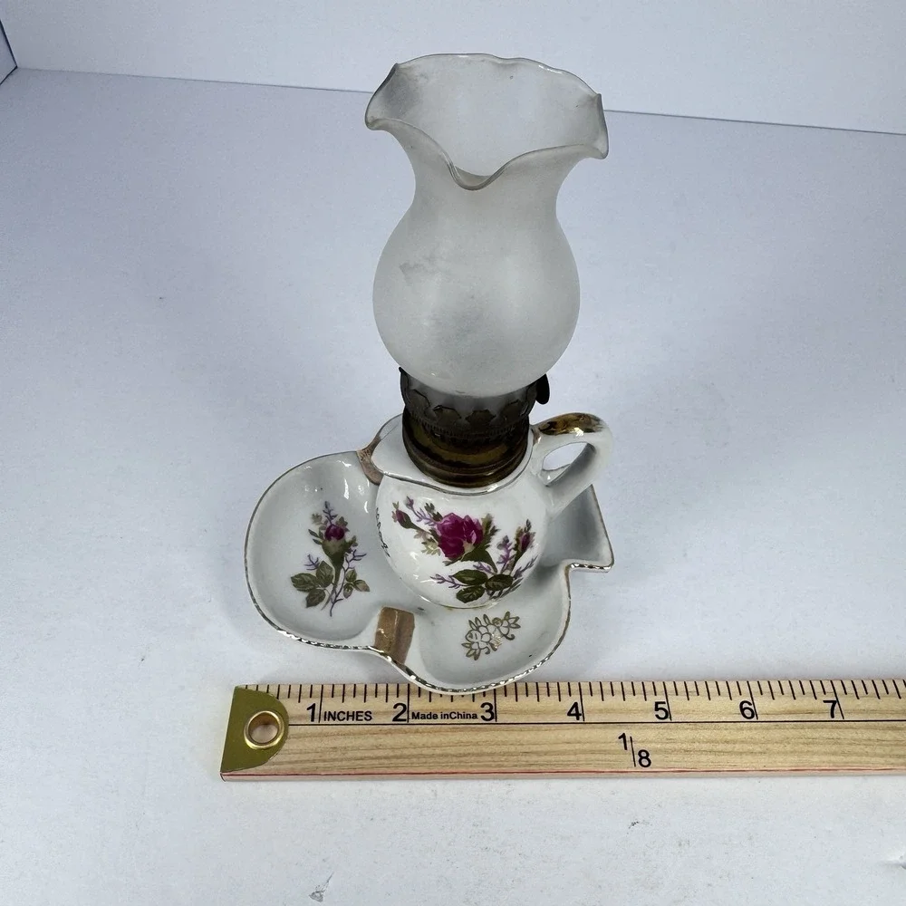 Vintage Miniature Finger Oil Lamp Porcelain‎ Floral Base Milk Glass Chimney